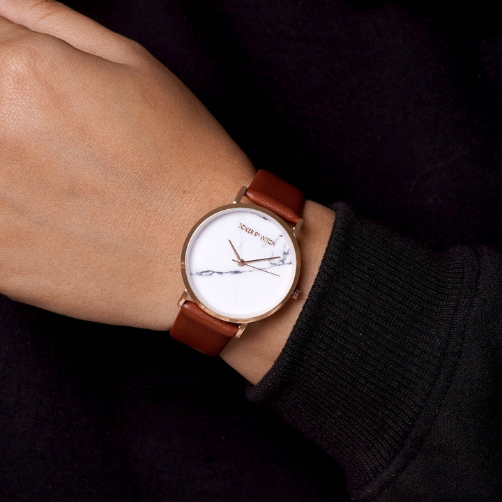 Hannah White Medium Marble Dial Tan PU Strap Women's Watch