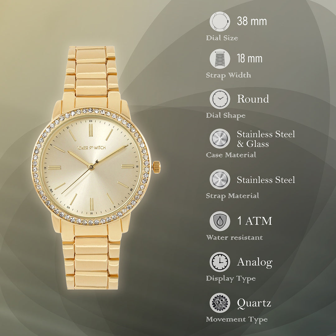 Halo Gold Large Rhinestone Dial Linked Chain Strap Women's Watch