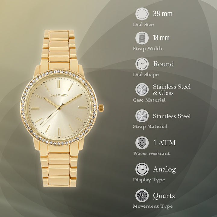 Halo Gold Large Rhinestone Dial Linked Chain Strap Women's Watch