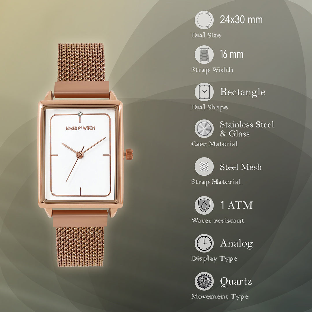 Quad White Small Rectangle Dial Rose Gold Magnetic Strap Women's Watch