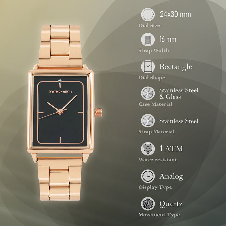 Quad Black Small Rectangle Dial Rose Gold Linked Chain Strap Women's Watch