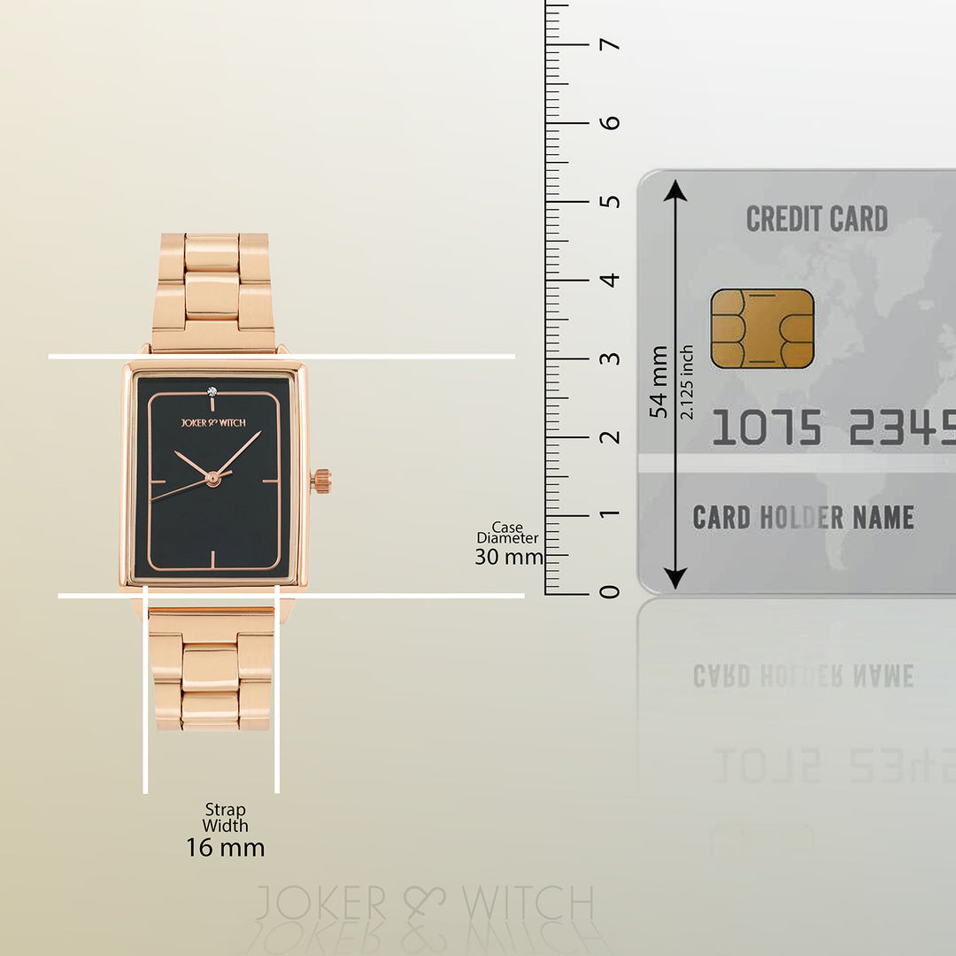 Quad Black Small Rectangle Dial Rose Gold Linked Chain Strap Women's Watch