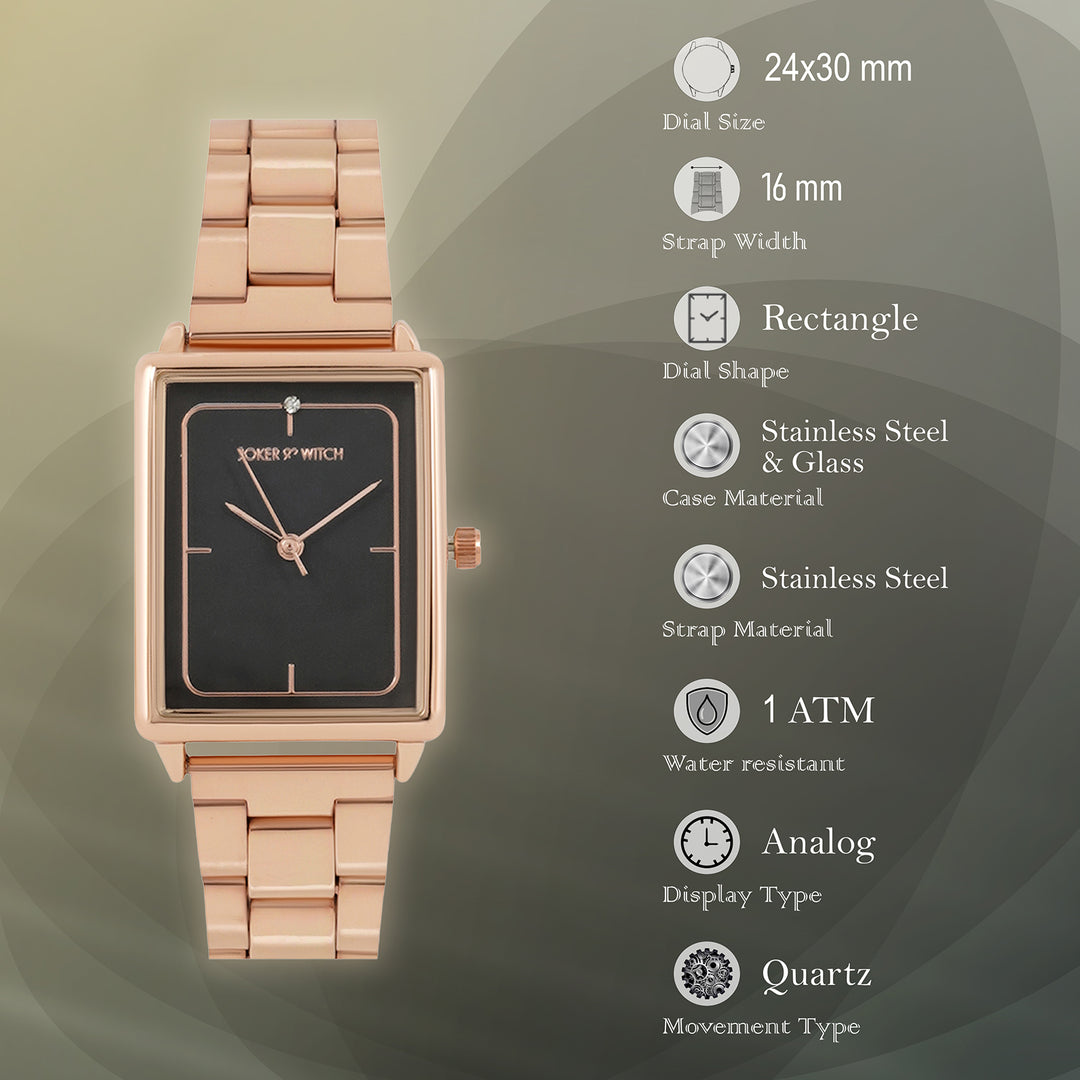 Quad Grey Small Rectangle Dial Rose Gold Linked Chain Strap Women's Watch