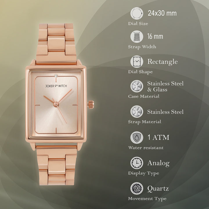 Quad Sunray Rose Gold Small Rectangle Dial Linked Chain Strap Women's Watch
