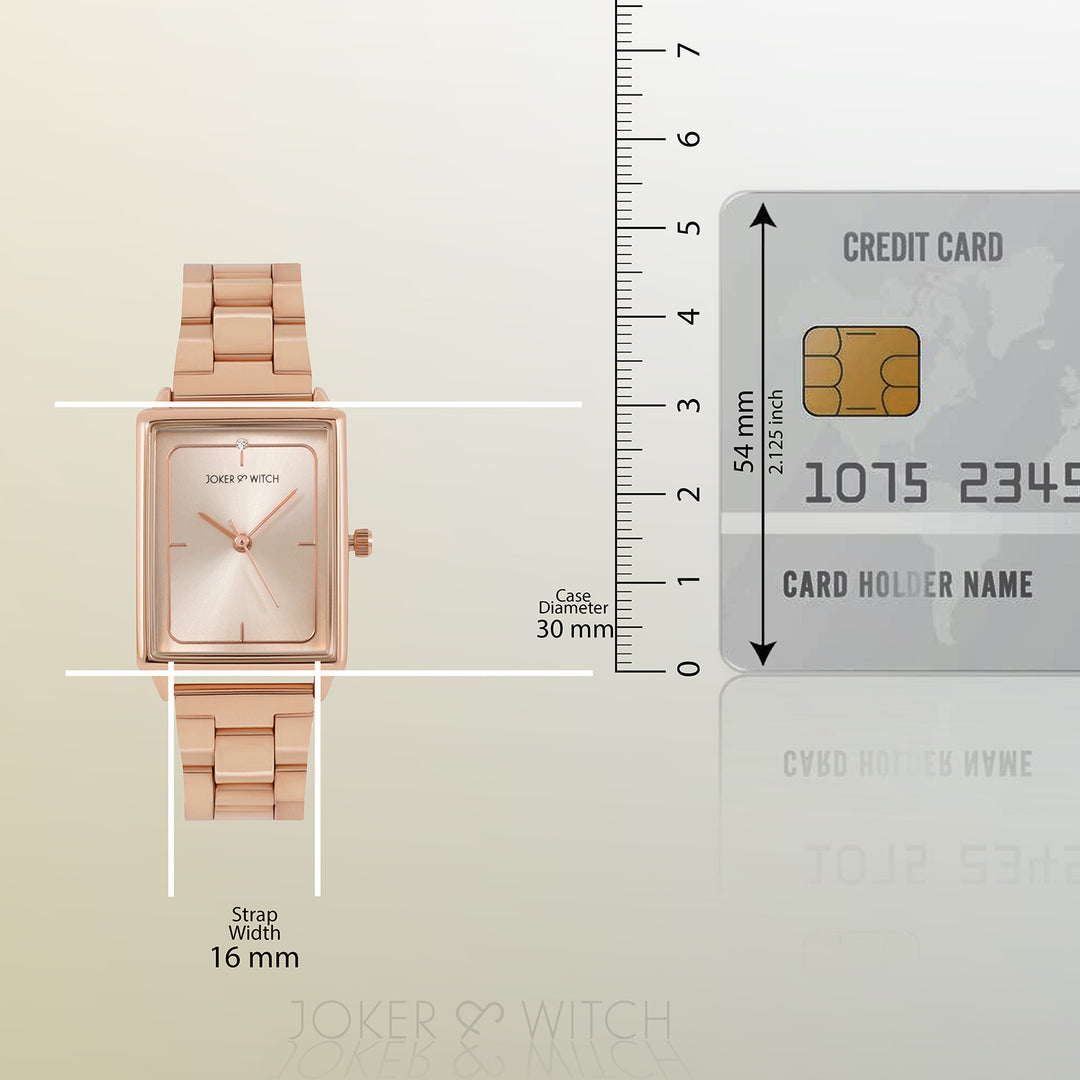 Quad Sunray Rose Gold Small Rectangle Dial Linked Chain Strap Women's Watch