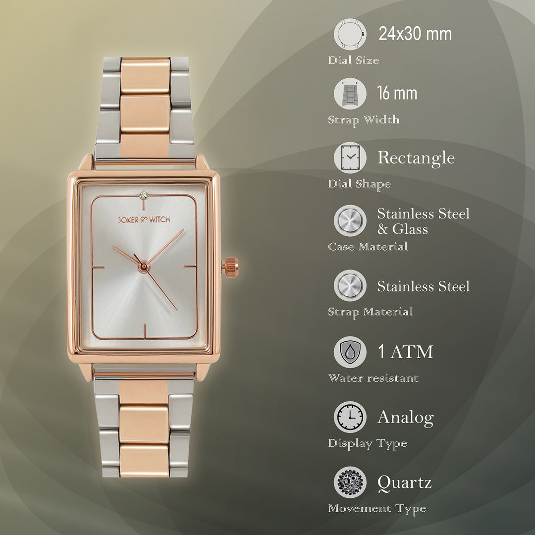 Quad Silver Small Rectangle Dial Dual Tone Linked Chain Strap Women's Watch