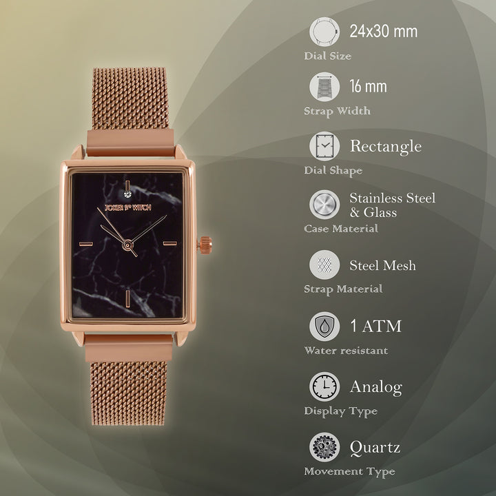 Quad Black Small Rectangle Marble Dial Rose Gold Magnetic Strap Women's Watch