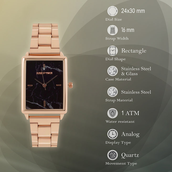 Quad Black Small Rectangle Marble Dial Rose Gold Linked Chain Strap Women's Watch