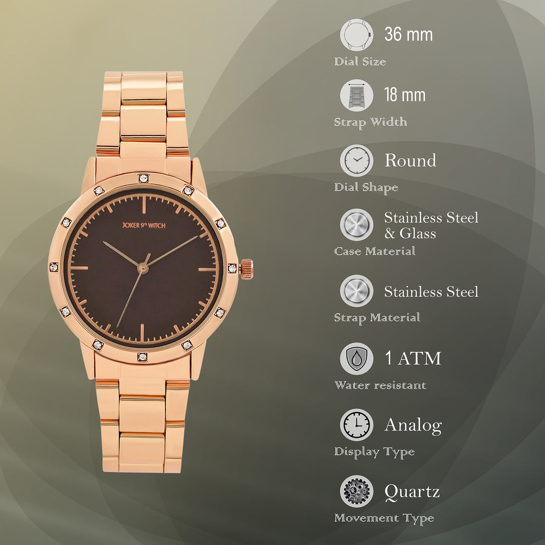 Eros Brown Medium Rhinestone Dial Rose Gold Linked Chain Strap Women's Watch