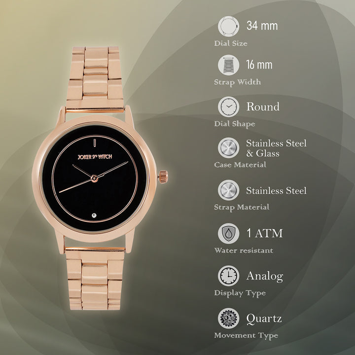 Eclipse Black Medium Dial Rose Gold Linked Chain Strap Women's Watch