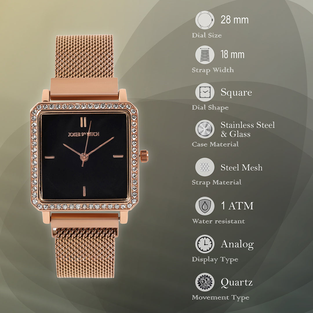 Octa Black Small Square Rhinestone Dial Rose Gold Magnetic Strap Women's Watch
