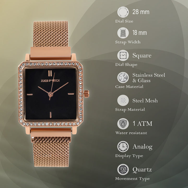 Octa Black Small Square Rhinestone Dial Rose Gold Magnetic Strap Women's Watch