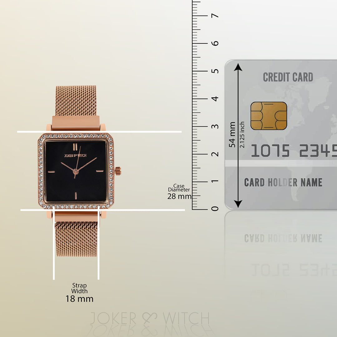 Octa Black Small Square Rhinestone Dial Rose Gold Magnetic Strap Women's Watch