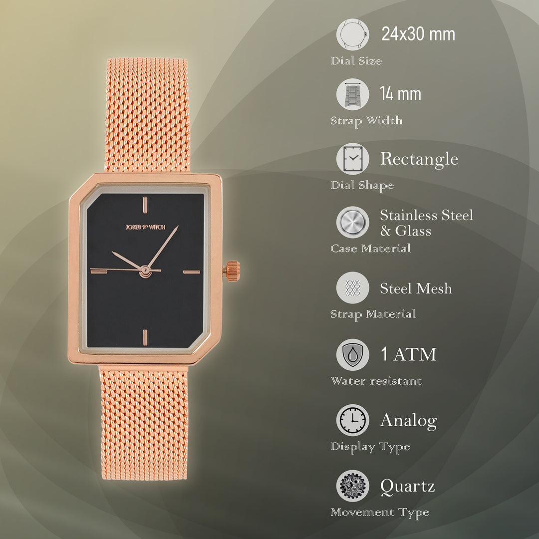 Edge Black Small Hexagon Dial Rose Gold Mesh Strap Women's Watch