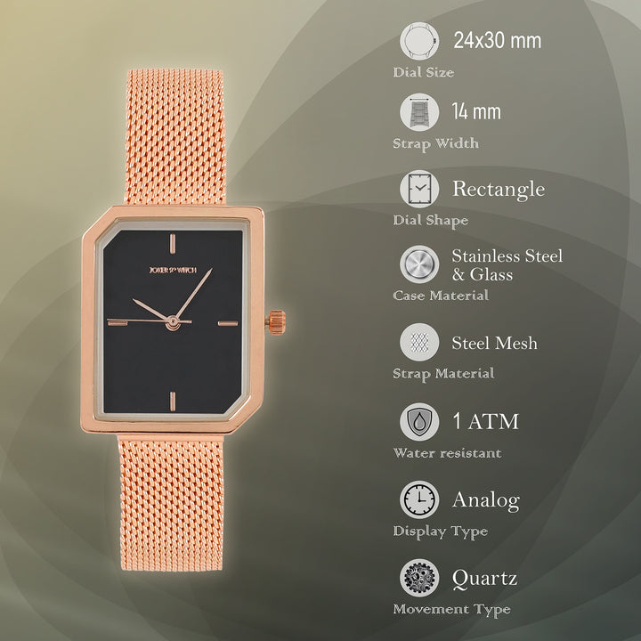 Edge Black Small Hexagon Dial Rose Gold Mesh Strap Women's Watch