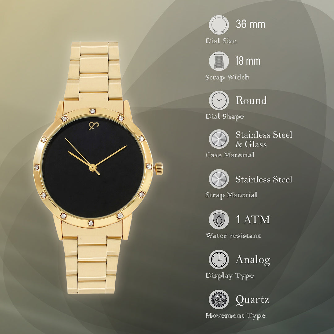 Dusk Black Large Rhinestone Dial Gold Linked Chain Strap Women's Watch