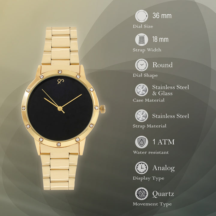 Dusk Black Large Rhinestone Dial Gold Linked Chain Strap Women's Watch