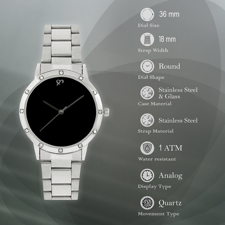 Dusk Black Large Rhinestone Dial Silver Linked Chain Strap Women's Watch