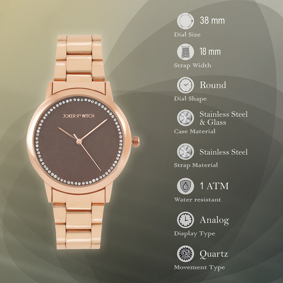 Castor Brown Large Rhinestone Dial Rose Gold Linked Chain Strap Women's Watch