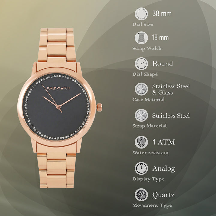 Castor Grey Large Rhinestone Dial Rose Gold Linked Chain Strap Women's Watch