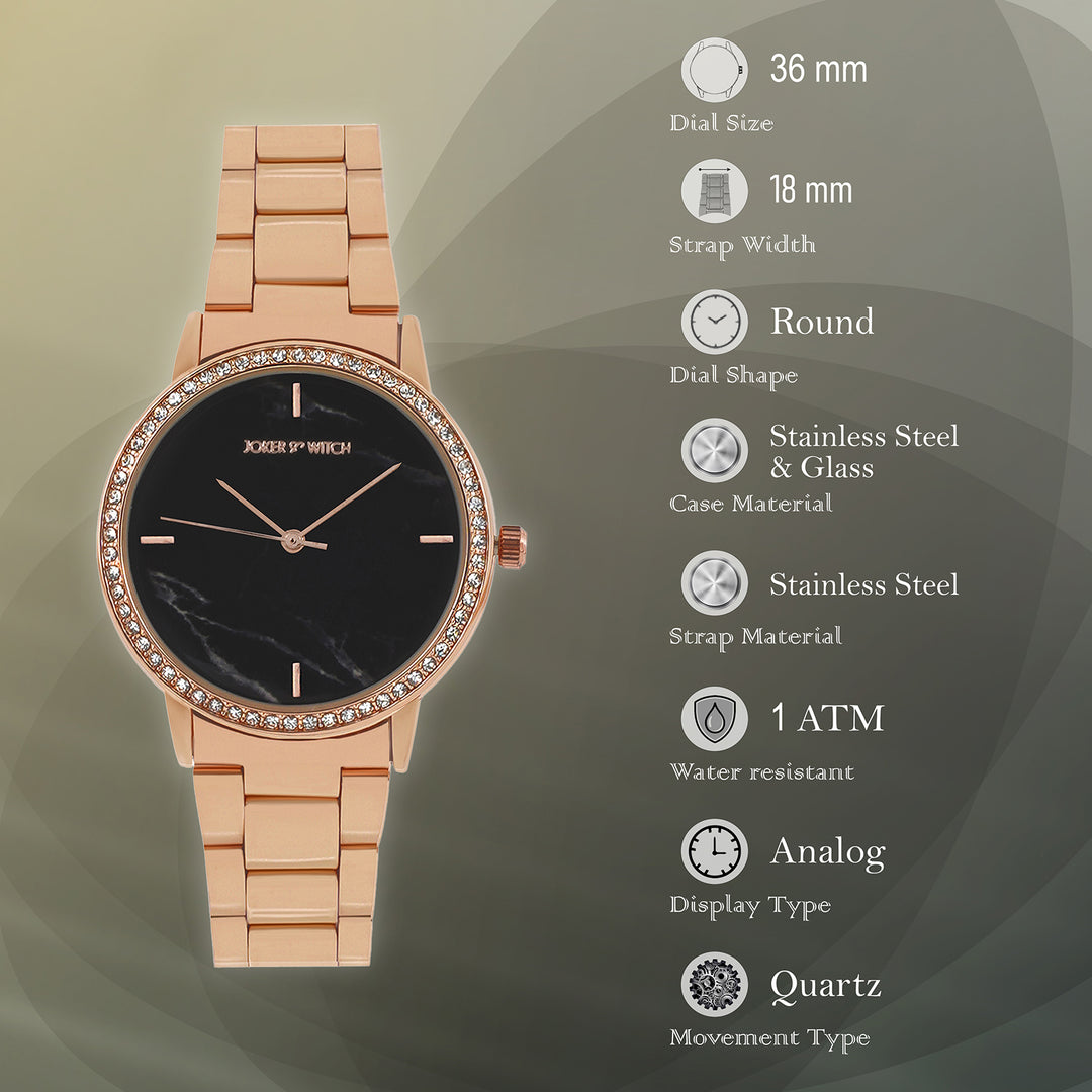 Comet Black Marble Medium Rhinestone Dial Rose Gold Linked Chain Strap Women's Watch