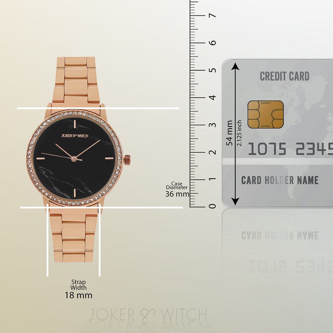 Comet Black Marble Medium Rhinestone Dial Rose Gold Linked Chain Strap Women's Watch