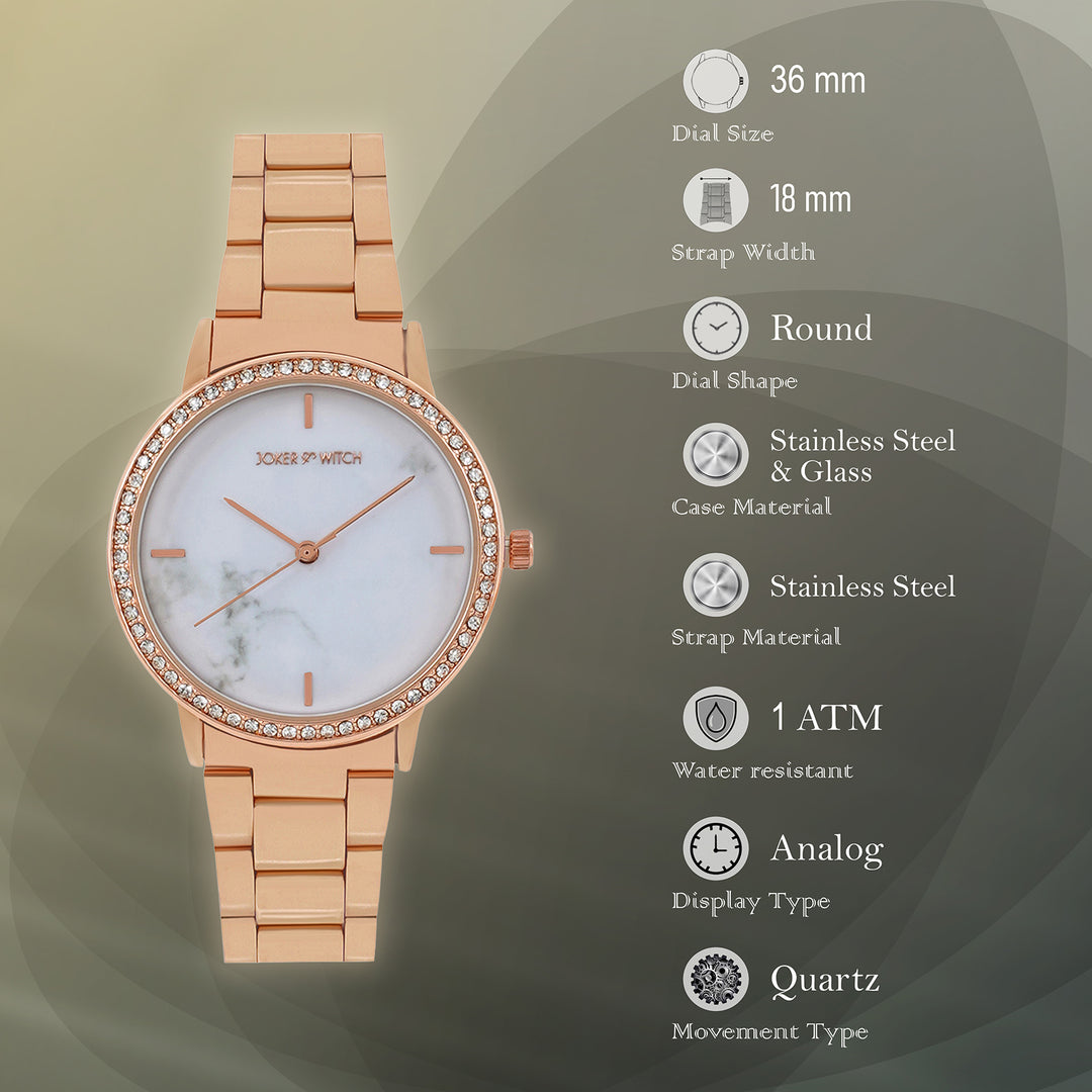 Comet White Marble Medium Rhinestone Dial Rose Gold Linked Chain Strap Women's Watch