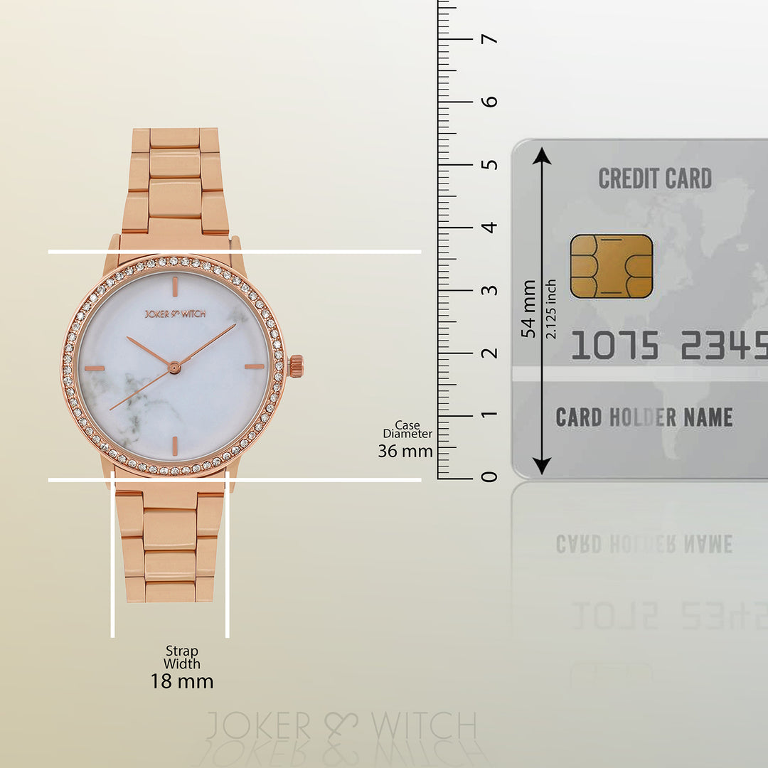 Comet White Marble Medium Rhinestone Dial Rose Gold Linked Chain Strap Women's Watch