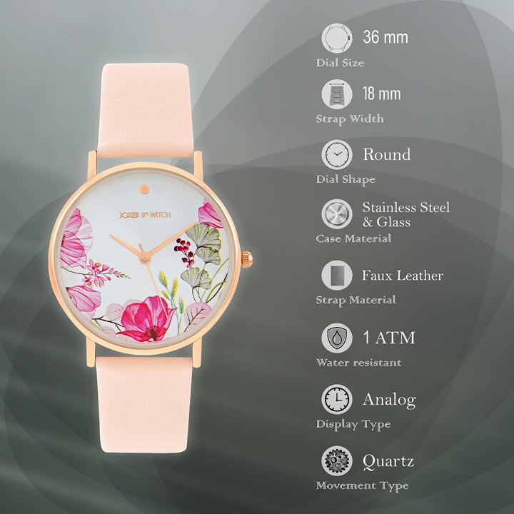 Printed Bloom In White Medium Dial Pink PU Strap Women's Watch