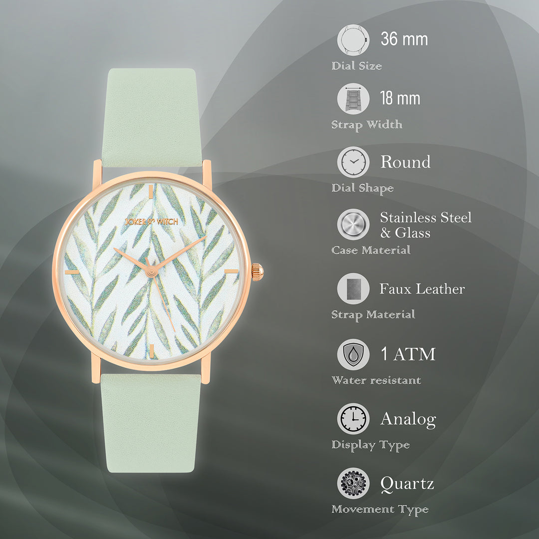 Printed Very Leafy White Medium Dial Green PU Strap Women's Watch