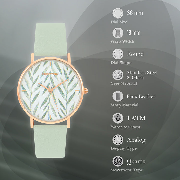 Printed Very Leafy White Medium Dial Green PU Strap Women's Watch