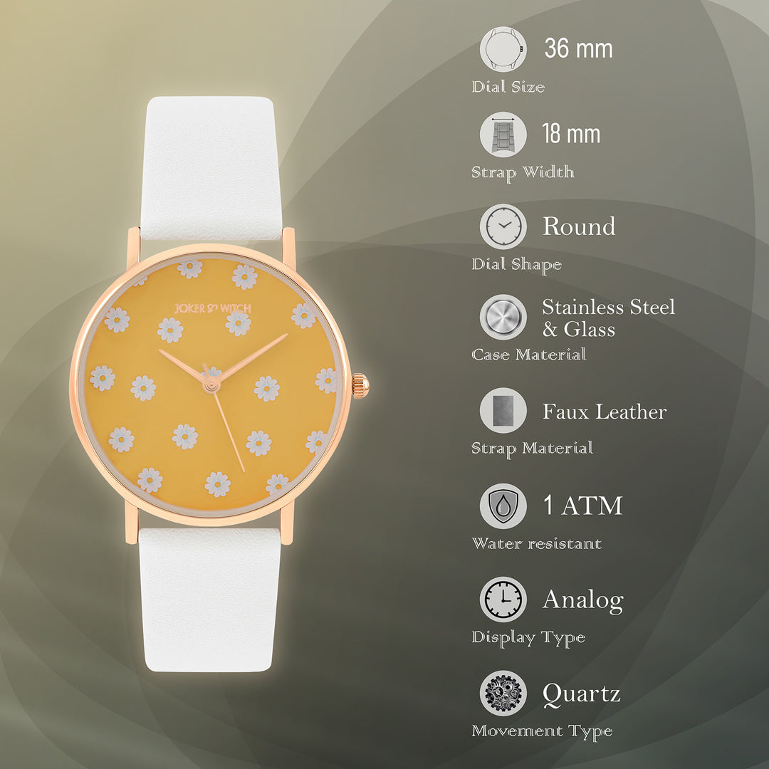 Printed Summer Sunshine Yellow Medium Dial White PU Strap Women's Watch