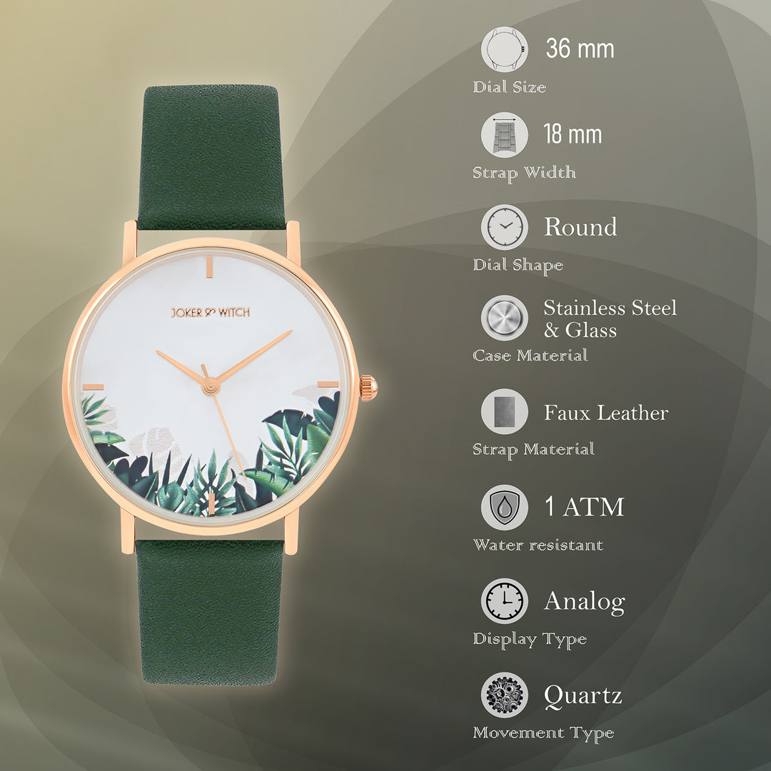 Printed Leaf Bay White Medium Dial Dark Green PU Strap Women's Watch