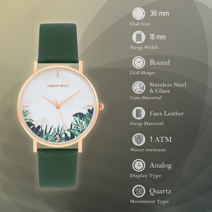 Printed Leaf Bay White Medium Dial Dark Green PU Strap Women's Watch
