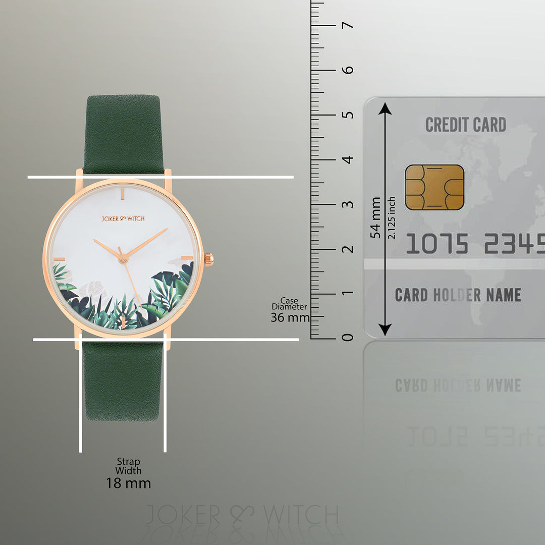 Printed Leaf Bay White Medium Dial Dark Green PU Strap Women's Watch