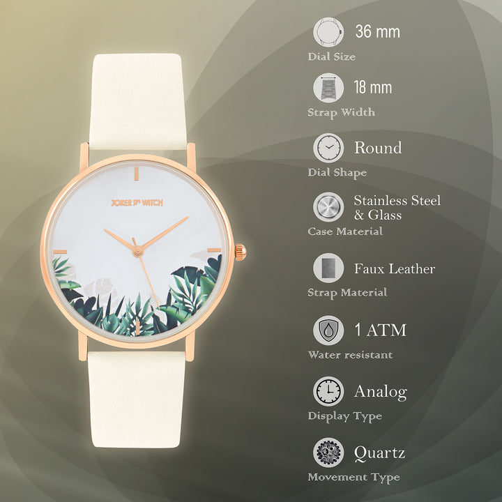 Printed Leaf Bay White Medium Dial Beige PU Strap Women's Watch