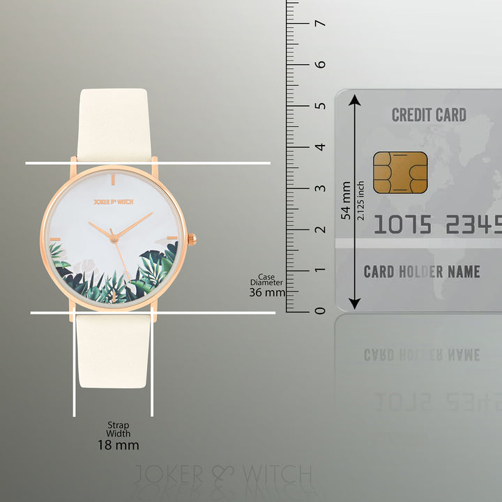 Printed Leaf Bay White Medium Dial Beige PU Strap Women's Watch