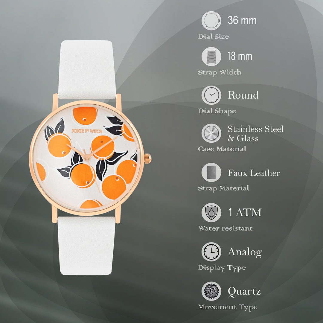 Printed Zesty Orange Medium Dial White PU Strap Women's Watch