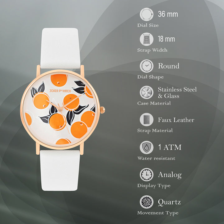 Printed Zesty Orange Medium Dial White PU Strap Women's Watch