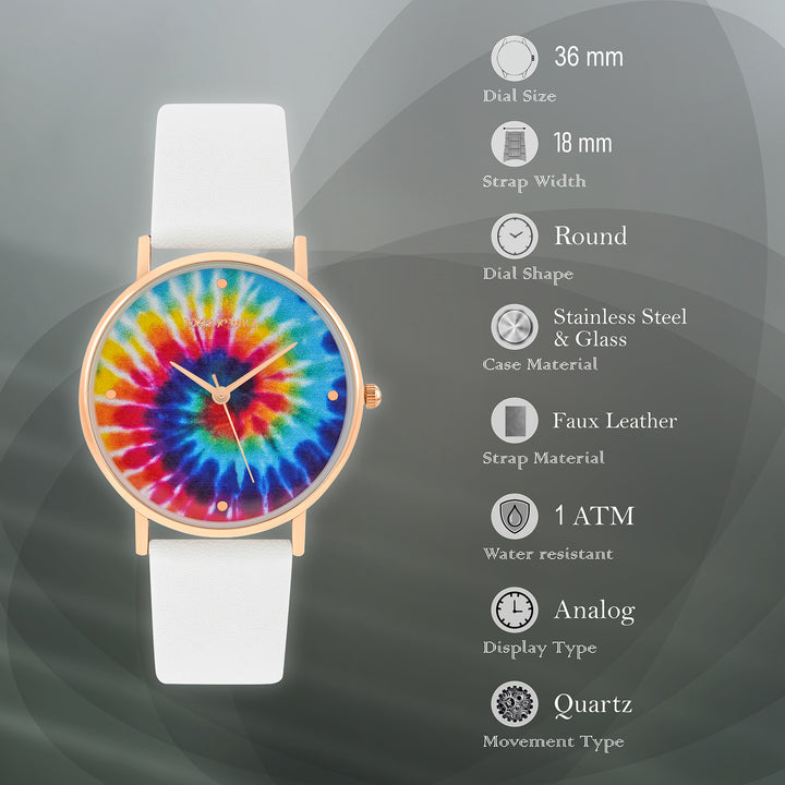 Printed Rainbow Tie-Dye Medium Dial White PU Strap Women's Watch
