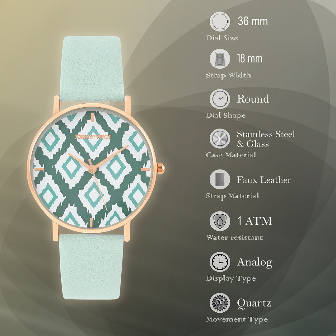 Printed Teal Trip Medium Dial Green PU Strap Women's Watch