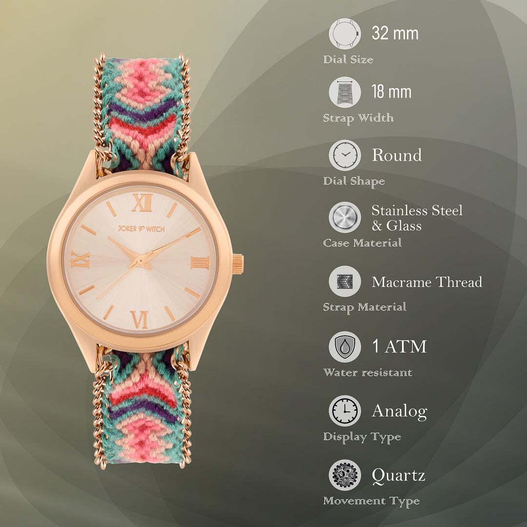 Boho Rose Gold Medium Dial Multicolor Macrame Strap Women's Watch