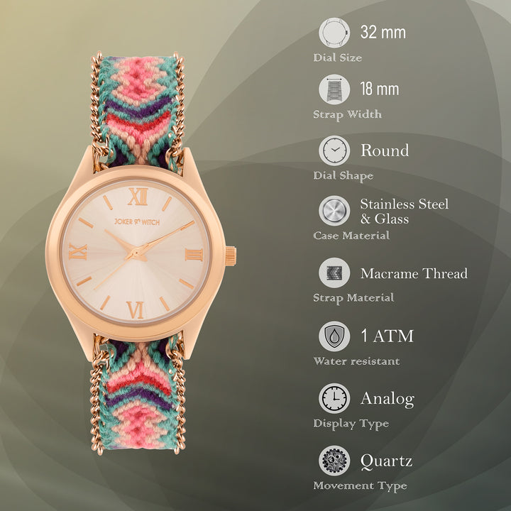 Boho Rose Gold Medium Dial Multicolor Macrame Strap Women's Watch