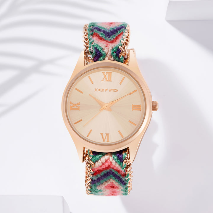 Boho Rose Gold Medium Dial Multicolor Macrame Strap Women's Watch