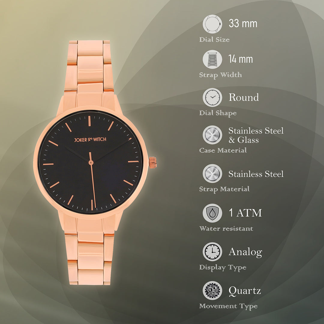 Tokyo Black Medium Dial Rose Gold Linked Chain Strap Women's Watch