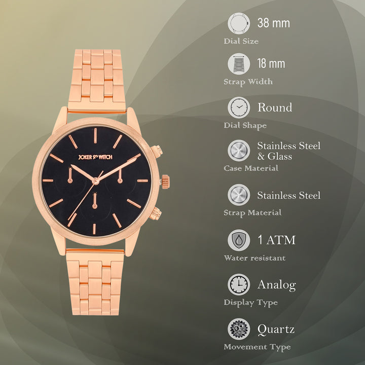 Prague Black Large Dial Rose Gold Linked Chain Strap Women's Watch