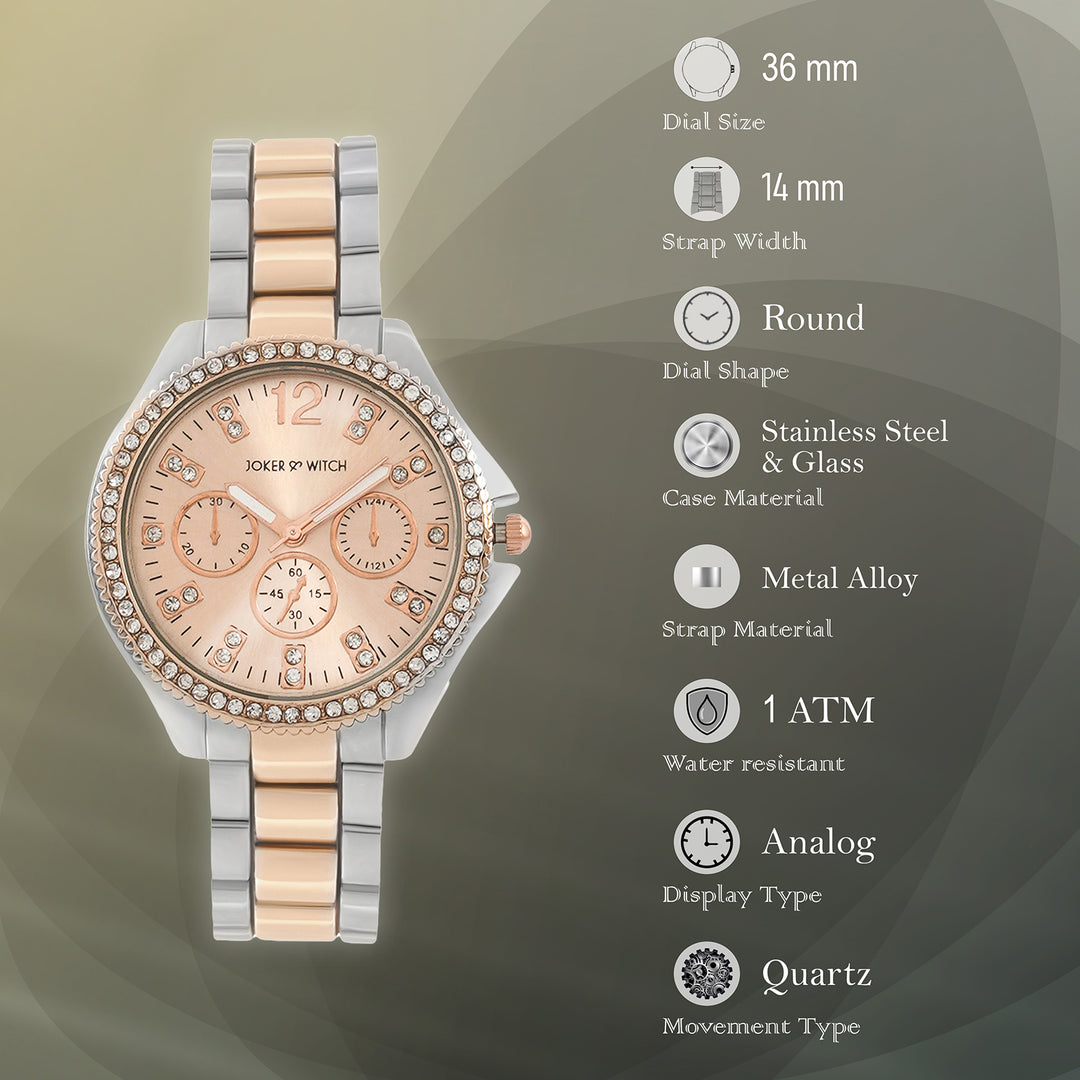 Reina Rose Gold Medium Rhinestone Dial Dual Tone Linked Chain Strap Women's Watch