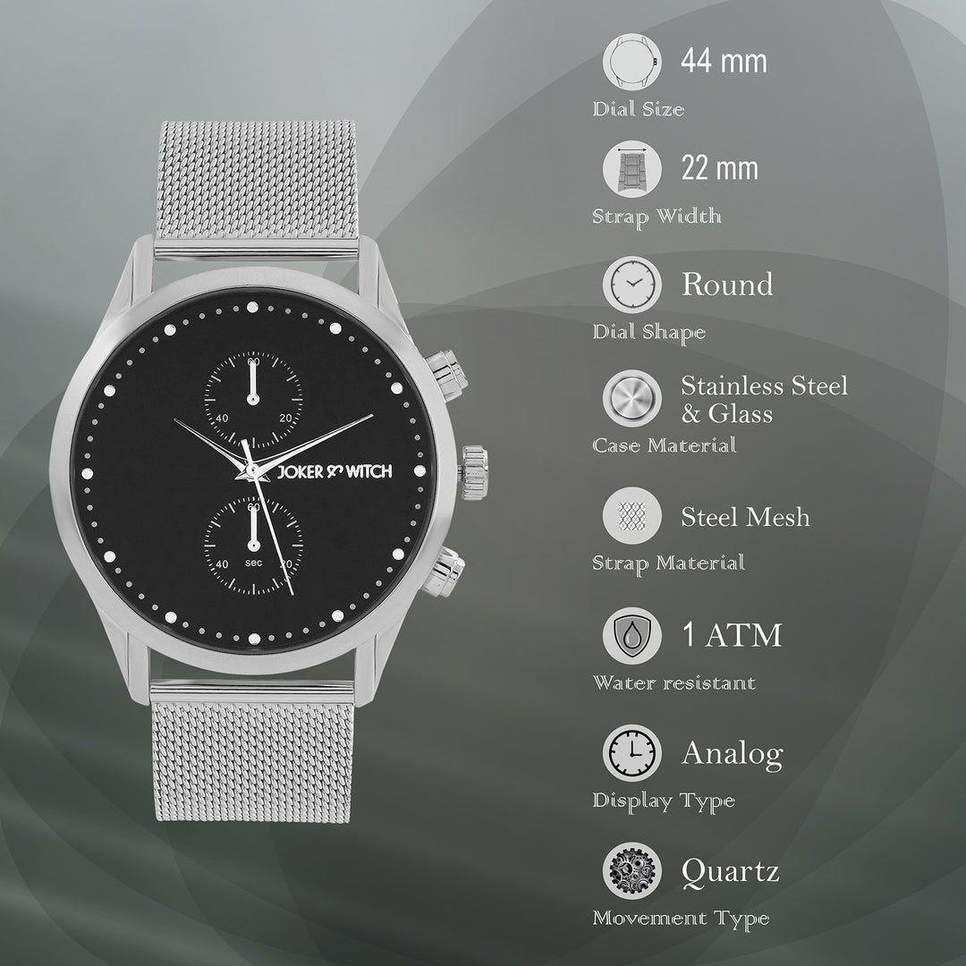 Joker & Witch Quant Black Dial Silver Mesh Strap Watch For Women