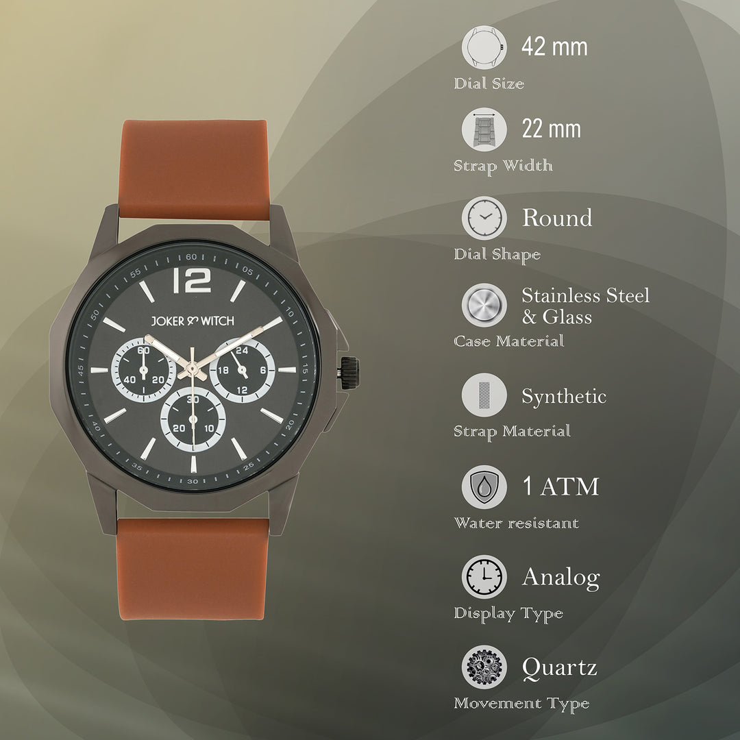 Spyder Black Large Hexagon Dial Brown Silicone Strap Men's Watch