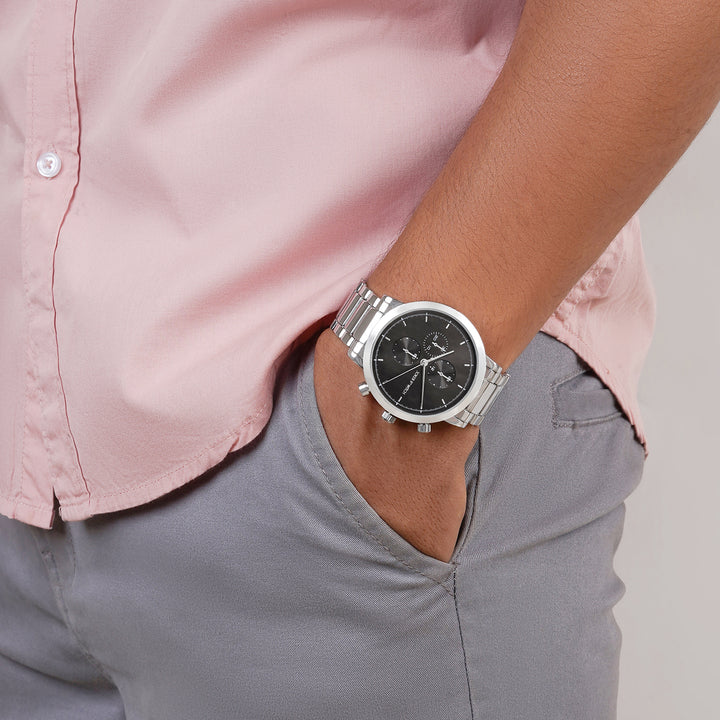 Pierce Black Large Dial Silver Linked Chain Strap Men's Watch